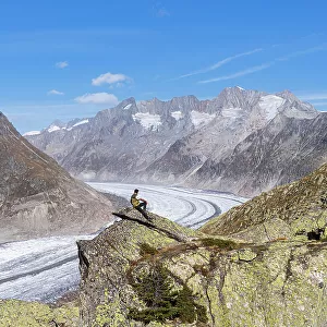 Hiker on top of a rock enjoying the view of the Aletsch Glacier and alpine mountains with snow, Aletsch Glacier, Bettmerhorn, UNESCO World Heritage Site, Valais canton, Switzerland, Europe
