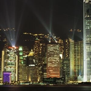 Hong Kong Island Central skyline at night from Tsim Sha Tsui, Hong Kong, China, Asia