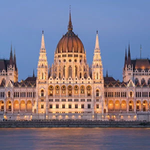 Hungarian Parliament at night on the River Danube, UNESCO World Heritage Site, Budapest