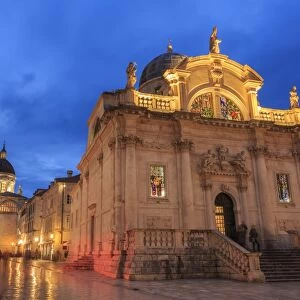 Illuminated Church of St. Blaise and Cathedral, evening blue hour, Old Town, Dubrovnik