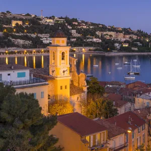 Illuminated Saint-Michel Church at dusk, Villefranche sur Mer, Alpes Maritimes