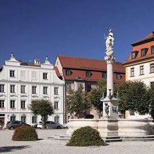 Karlsplatz square, Marienbrunnen fountain, Neuburg an der Donau, Bavaria, Germany, Europe