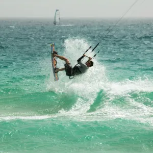 Kite surfing at Santa Maria on the island of Sal (Salt), Cape Verde Islands