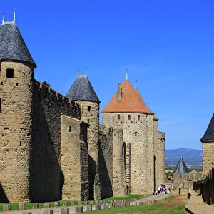 La Cite, battlements and spiky turrets from Les Lices, Carcassonne, UNESCO World Heritage Site