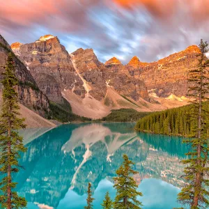 Lake Moraine at sunrise, long exposure, Banff National Park, UNESCO World Heritage Site