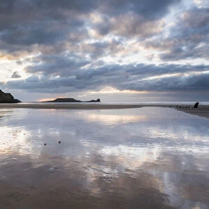 Low tide, sunset, Rhossilli Bay, Gower, South Wales, United Kingdom, Europe