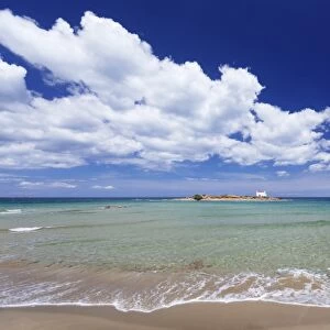 Malia Beach, chapel on an island, Malia, Iraklion, Crete, Greek Islands, Greece, Europe