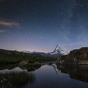 The Matterhorn from Stellisee lake in the Swiss Alps, Switzerland, Europe