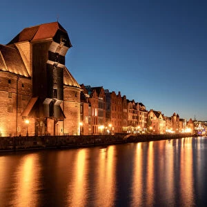 Medieval Port Crane Zuraw at twilight, Motlawa River, Gdansk, Poland, Europe