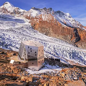 Monte Rosa hut (hutte) with the Matterhorn pyramid in the background, Gorner glacier, Zermatt, Valais canton, Switzerland, Europe