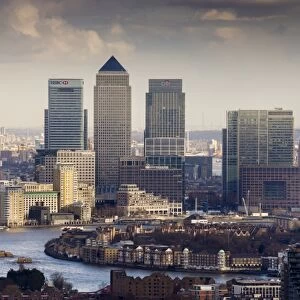 Moody view of Canary Wharf, Docklands, from above, London, England, United Kingdom