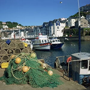 Nets on quayside, Brixham harbour, Devon, England, United Kingdom, Europe