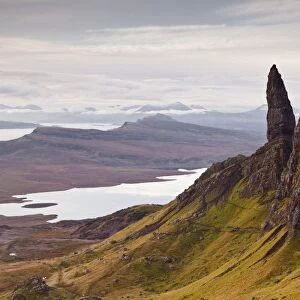 The Old Man of Storr, overlooking Loch Leathan and Rsay Sound, Trotternish, Isle of Skye, Inner Hebrides, Scotland, United Kingdom, Europe