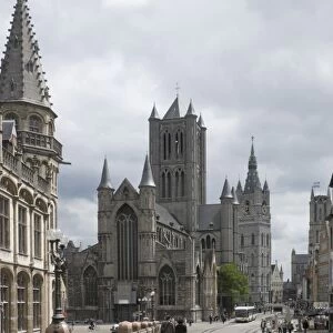 The Old Post Office on the left, St. Nickolas Church and the Belfry beyond, Ghent, Belgium, Europe