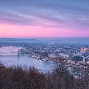 Overview of the city at sunset from The Citadel on Gellert Hill, Budapest, Hungary