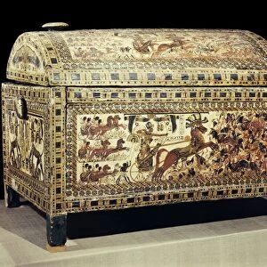 The painted box of stuccoed wood showing the king in his chariot, from the tomb of the pharaoh Tutankhamun, discovered in the Valley of the Kings, Thebes, Egypt, North