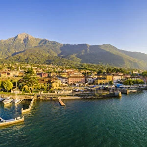 Panoramic aerial view of Colico village at sunset, Lake Como, Lombardy, Italian Lakes