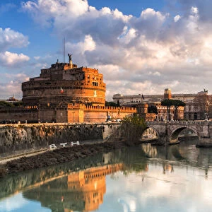 Panoramic of Castel Sant Angelo and River Tiber at sunrise