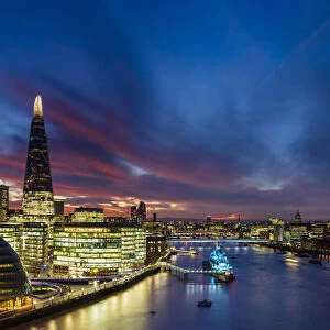 Panoramic view of River Thames, The Shard, City of London and London Bridge at sunset, London, England, United Kingdom, Europe