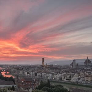 Pink clouds at sunset frame the city of Florence crossed by Arno River seen
