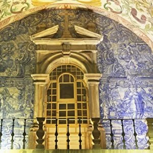 Porta da Vila Oratory, within the city gate, decorated with Azulejo tiles, illuminated at night, Obidos, Estremadura, Portugal, Europe
