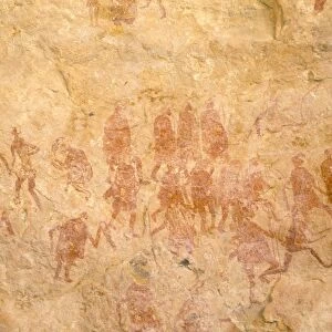 Primitive cave painting, Akakus, Sahara desert, Fezzan, Libya, North Africa, Africa