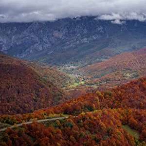 Road crossing beautiful colorful autumn tree landscape in Picos de Europa National Park