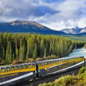 Rocky Mountaineer train at Morants curve near Lake Louise in the Canadian Rockies