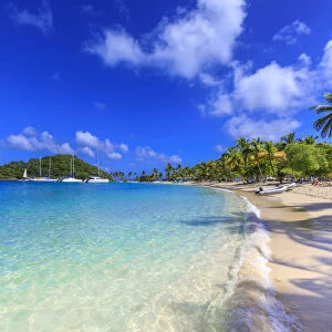 Saltwhistle Bay, white sand beach, turquoise sea, yachts, palm trees, Mayreau, Grenadines