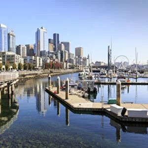 Seattle Skyline and restaurants on sunny day in Bell Harbor Marina, Seattle, Washington State