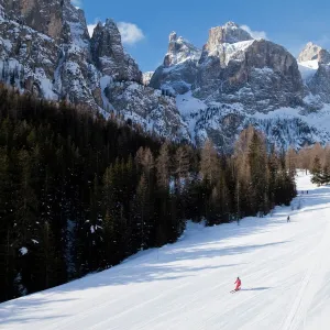 Sella Ronda ski area, Val Gardena, Sella Massif range of mountains under winter snow