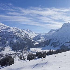 Ski slopes above Lech near St. Anton am Arlberg in winter snow, Austrian Alps