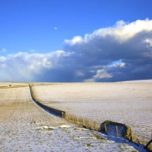 Snow covered South Downs farm land, East Dean, East Sussex, England, United Kingdom
