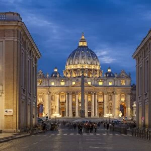 St. Peters Square and St. Peters Basilica at night, Vatican City, UNESCO World Heritage Site