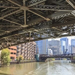 Under one of the many steel bridges that cross the Chicago River, Chicago, Illinois, United States of America, North America