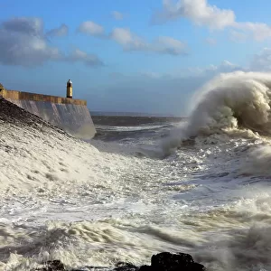 Storm waves over Porthcawl Pier, Porthcawl, South Wales, United Kingdom, Europe