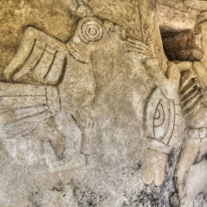 Stucco Relief Figures, Kukulcan Temple, Mayan Ruins, Mayapan Archaeological Zone, Yucatan State, Mexico, North America