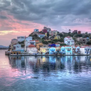 Sunrise, buildings at Harbour Entrance, Kastellorizo (Megisti) Island, Dodecanese Group