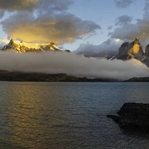 Sunrise over Cuernos del Paine, Torres del Paine National Park and Lago Pehoe, Chilean Patagonia