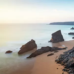 Sunset at Carnewas and Bedruthan Steps, Bedruthan Steps, Newquay, Cornwall, England, United Kingdom, Europe