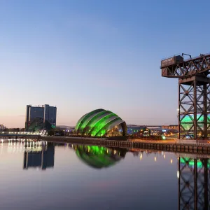 Sunset view of River Clyde, Finnieston Crane, The Hydro and the Armadillo, Glasgow