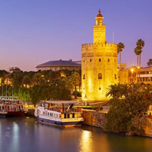 Tour boats moored on the Guadalquivir river near the Torre del Oro at sunset, Seville