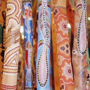 Traditional hand painted colourful didgeridoos, Australia