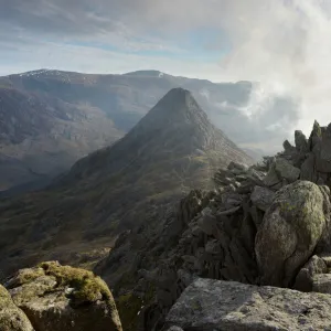 Tryfan, viewed from the top of Bristly Ridge on Glyder Fach, Snowdonia, Wales, United Kingdom