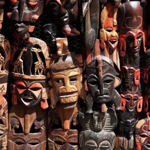 Various African masks on sale at Aswan Souq, Aswan, Egypt, North Africa, Africa