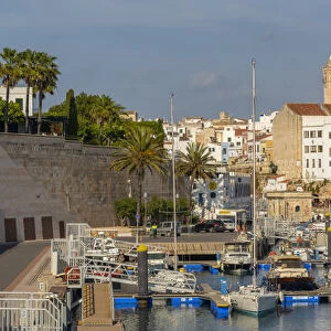 View of boats in marina and Catedral de Santa Maria de Menorca in background, Ciutadella, Menorca, Balearic Islands, Spain, Mediterranean, Europe
