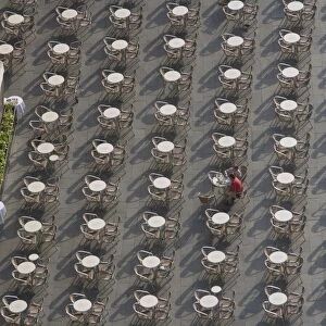 View from Campanile of two diners and musicians at Open Air Cafe, St