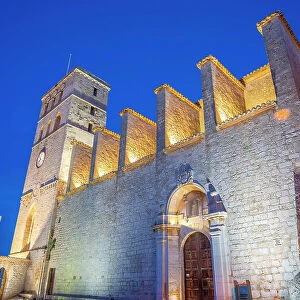 View of Cathedral in Dalt Vila district at dusk, UNESCO World Heritage Site, Ibiza Town, Eivissa, Balearic Islands, Spain, Mediterranean, Europe