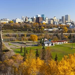 View of the Edmonton Skyline and the High Level Bridge in autumn, Edmonton, Alberta