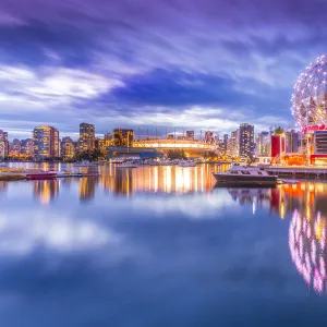 View of False Creek and Vancouver skyline, including World of Science Dome, Vancouver